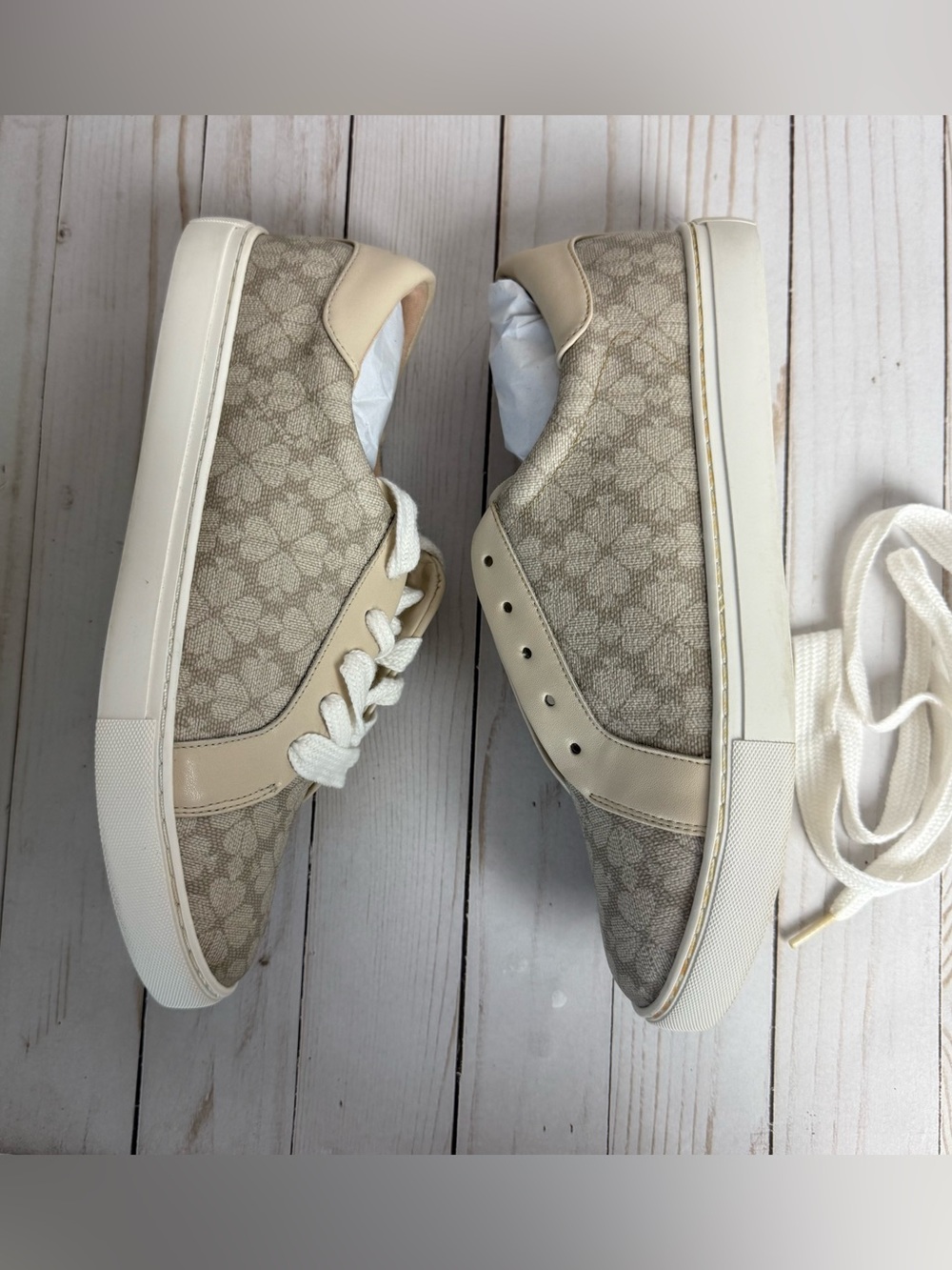 Kate Spade Taupe Erin Spade Flower Logo Sneakers Lace Up Vegan Leather - Picture 6 of 13